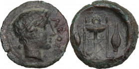 Sicily. Leontini. AE Onkia, 405-402 BC. Obv. Laureate head of Apollo right. Rev. Tripod flanked by grains of barley; between legs, lyre. Cf. HGC 2 709...