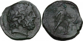 Sicily. Messana. The Mamertinoi. AE Pentonkion, c. 220-200 BC. Obv. Laureate head of Zeus right. Rev. Helmeted warrior advancing right, holding spear ...