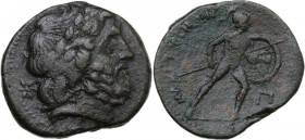 Sicily. Messana. The Mamertinoi. AE Pentonkion, c. 220-200 BC. Obv. Laureate head of Zeus right; behind, star of six rays. Rev. Helmeted warrior advan...