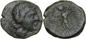 Sicily. Messana. The Mamertinoi. AE 22 mm, c. 2nd century BC. Obv. Laureate head of Apollo right. Rev. Apollo standing left, holding bow; ΔΗ to left. ...