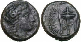 Sicily. Morgantina. AE Hexas, c. 339/8-317 BC. Obv. Laureate head of Alkos right. Rev. Tripod. CNS III 7; HGC 2 906; SNG ANS 470. AE. 2.86 g. 15.00 mm...