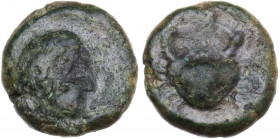 Sicily. Motya. AE 11 mm. c. 400-397 BC. Obv. Bearded male head right. Rev. Crab. CNS I 10 (Eryx); HGC 2 947; Jenkins, Punic, pl. 23, 14; Campana 30. A...