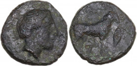 Sicily. Nakona. AE 16 mm. (Hexas?), late 5th cent. BC. Obv. Female head right. Rev. Sheep standing right; leaf and barley-grain before. HGC 2 962; CNS...