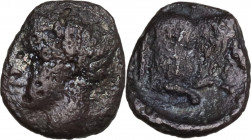 Sicily. Panormos. AE 20 mm. Time of Tiberius, c. AD 15-16. Cn. Dom. Procul– and L. Laetor–, duoviri. Obv. Female figure (Livia?) seated right, holding...