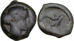 Sicily. Segesta. AE Hexas, c. 390-380 BC. Obv. Head of nymph right. Rev. Hound running right; one pellet above and one below; [weasel in exergue]. HGC...