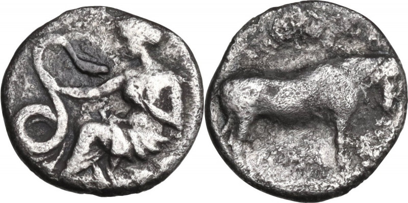 Sicily. Selinos. AR Litra, 417-409 BC. Obv. Nymph seated left, feeding serpent. ...