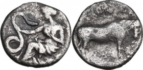 Sicily. Selinos. AR Litra, 417-409 BC. Obv. Nymph seated left, feeding serpent. Rev. Man-headed bull right. SNG Lloyd 1270. AR. 11.00 mm. About VF.