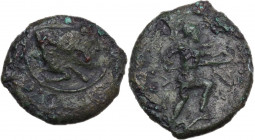 Sicily. Sileraioi. AE Hexas, c. 354-344 BC. Obv. Forepart of man-headed bull right. Rev. Warrior advancing right, shield on arm, holding spear. HGC 2 ...