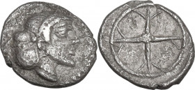 Sicily. Syracuse. Deynomenid Tyranny (485-466 BC). AR Litra, c. 475-470 BC. Obv. Diademed head of Arethusa right. Rev. Wheel of four spokes. HGC 2 137...