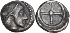 Sicily. Syracuse. Deynomenid Tyranny (485-466 BC). AR Litra, 480-470 BC. Obv. Head of Arethusa right. Rev. Wheel with four spokes. Boehringer 362; HGC...