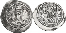 Greek Asia. Sasanian Kings. Hormizd IV (579-590 AD.). AR Drachm. GD mint, year 5. Obv. Bust of Hormizd IV right, wearing crown with two mural elements...
