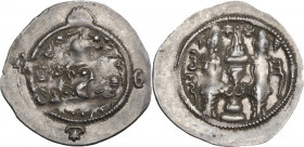 Greek Asia. Sasanian Kings. Hormizd IV (579-590 AD.). AR Drachm. AY mint, year 11. Obv. Bust of Hormizd IV right, wearing crown with two mural element...