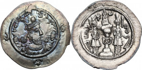 Greek Asia. Sasanian Kings. Hormizd IV (579-590 AD.). AR drachm. APL mint, year 11. Obv. Bust of Hormizd IV right, wearing crown with two mural elemen...