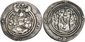 Greek Asia. Sasanian Kings. Khusro II (591-628). AR Drachm. ST mint, year 6. Obv. Bust of Khusro II right, wearing winged crown. Rev. Fire altar flank...