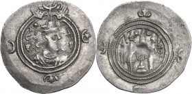 Greek Asia. Sasanian Kings. Khusro II (591-628). AR Drachm. WYHC mint, year 7. Obv. Bust of Khusro II right, wearing winged crown. Rev. Fire altar fla...
