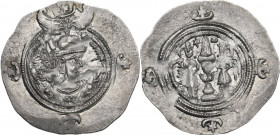 Greek Asia. Sasanian Kings. Khusro II (591-628). AR Drachm. BYSh mint, year 12. Obv. Bust of Khusro II right, wearing winged crown. Rev. Fire altar fl...