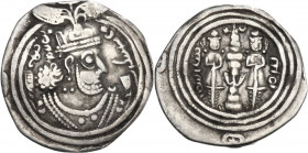 Greek Asia. Sasanian Kings. Khusro II (591-628). AR Drachm. ART mint, year 23 (clipped). Obv. Bust of Khusro II right, wearing winged crown. Rev. Fire...