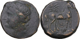Africa. Zeugitania, Carthage. AE Trishekel. Second Punic War, c. 220-215 BC. Obv. Head of Tanit left, wearing wreath of grain ears and single-pendant ...