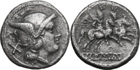 Anonymous. AR Denarius, after 211 BC. Obv. Helmeted head of Roma right; behind, X. Rev. The Dioscuri galloping right; below, ROMA in linear frame. Cr....