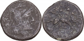 Anonymous. AR Sestertius, uncertain Samnite mint (Bovianum?), 214 BC. Obv. Helmeted head of Roma right; behind, IIS. Rev. The Dioscuri galloping right...