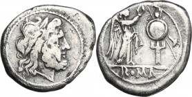 Anonymous. AR Victoriatus, uncertain Campanian mints (Castra Claudiana and Cales?), 215-211 BC. Obv. Laureate head of Jupiter right. Rev. Victory stan...