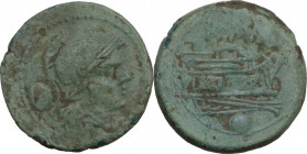 Sextantal series. AE Uncia, after 211 BC. Obv. Head of Roma right, wearing Attic helmet; behind, pellet. Rev. ROMA. Prow right; below, pellet. Cr. 56/...