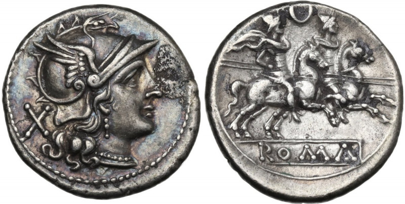 Crescent (first) series. AR Denarius, 207 BC. Obv. Helmeted head of Roma right; ...