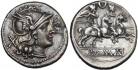 Crescent (first) series. AR Denarius, 207 BC. Obv. Helmeted head of Roma right; behind, X. Rev. The Dioscuri galloping right; above, crescent and belo...
