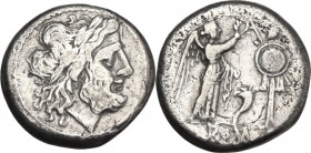 Cornucopiae series. AR Victoriatus, uncertain Campanian mint (Capua?), 208 BC. Obv. Laureate head of Jupiter right. Rev. Victory standing right, crown...