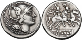 Dolphin series. Denarius, Denarius, uncertain Campanian mint (Castra Claudiana?), 211 or 210 BC. Obv. Helmeted head of Roma right; behind, X. Rev. The...