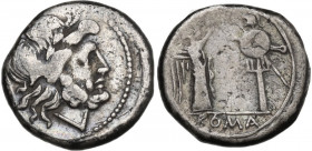 Anonymous. Victoriatus, uncertain Bruttian mint, 203 BC. Obv. Laureate head of Jupiter right. Rev. Victory standing right, crowning trophy (style with...