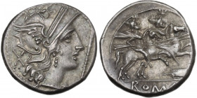 Staff and feather series. AR Denarius, c. 206-200 BC. Obv. Helmeted head of Roma right; behind, X; before, staff. Rev. The Dioscuri galloping right; b...