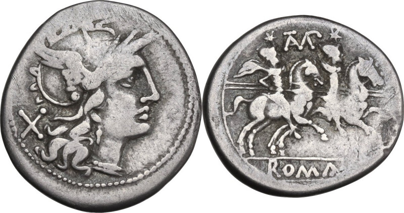 TAMP series. AR Denarius, uncertain mint, 203 BC. Obv. Helmeted head of Roma rig...