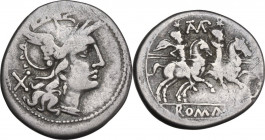 TAMP series. AR Denarius, uncertain mint, 203 BC. Obv. Helmeted head of Roma right; behind, X. Rev. The Dioscuri galloping right; above, TAMP ligate; ...