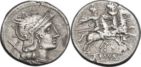 Anonymous 'prow left' series. AR Denarius, uncertain Spanish mint, 204 BC. Obv. Helmeted head of Rome right; behind, X. Rev. The Dioscuri galloping ri...