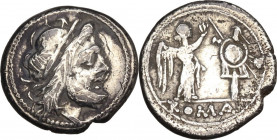 Anonymous. AR Victoriatus, uncertain Campanian mint (?), 203-202 BC. Obv. Laureate head of Jupiter right. Rev. Victory standing right, crowning trophy...