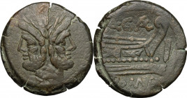 A. Caecilius. AE As, c. 169-158 BC. Obv. Laureate head of Janus; above, I. Rev. Prow right; above, A CAE(ligate); before, I; below, ROMA. Cr. 174/1; B...