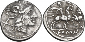 Gryphon series. AR Denarius, uncertain Spanish mint, 204 BC. Obv. Helmeted head of Roma right; behind, X. Rev. The Dioscuri galloping right; below, gr...