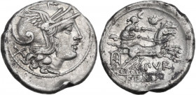 Furius Purpurio. AR Denarius, 169-158 BC. Obv. Helmeted head of Roma right; behind, X. Rev. Luna in biga right; murex shell above, PVR below; in exerg...