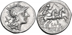 Atilius Saranus. AR Denarius, 155 BC. Obv. Helmeted head of Roma right; behind, X. Rev. Victory in biga right; below horses, SAR; in exergue, ROMA. Cr...