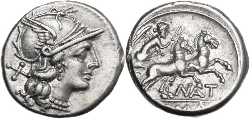 Pinarius Natta. AR Denarius, 155 BC. Obv. Helmeted head of Roma right; behind, X...