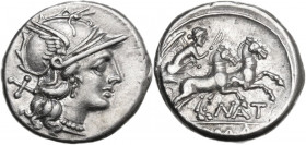 Pinarius Natta. AR Denarius, 155 BC. Obv. Helmeted head of Roma right; behind, X. Rev. Victory in biga right; below horses, NAT; in exergue, ROMA. Cr....