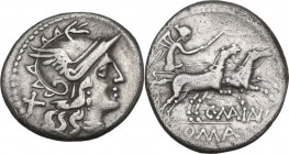 C. Maianius. AR Denarius, 153 BC. Obv. Helmeted head of Roma right. Rev. Victory in biga right. Cr. 203/1a; B. (Maiania) 1. AR. 3.00 g. 18.00 mm. VF.