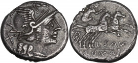 L. Saufeius. AR Denarius, 152 BC. Obv. Helmeted head of Roma right; behind, X. Rev. Victory in biga right; below, L·SAVF (VF ligate); in exergue or in...