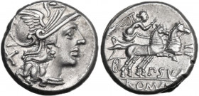 Pub. Sulla. AR Denarius. Obv. Helmeted head of Roma right; behind, X. Rev. Victory in biga right; below horses, P. SVLA; in exergue, ROMA. Cr. 205/1. ...