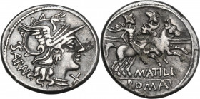M. Atilius Saranus. AR Denarius, 148 BC. Obv. Helmeted head of Roma right. Rev. The Dioscuri galloping right. Cr. 214/1; B. (Atilia) 8-9. AR. 3.00 g. ...