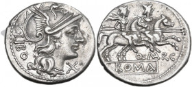 Q. Marcius Libo. Denarius, Rome mint, 148 BC. Obv. Helmeted head of Roma right; on the left, LIBO; on the right, X. Rev. The Dioscuri galloping right;...