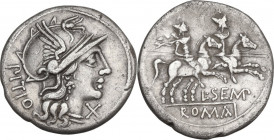 L. Sempronius Pitio. AR Denarius, 148 BC. Obv. Helmeted head of Roma right. Rev. The Dioscuri galloping right. Cr. 216/1; B. (Sempronia) 2. AR. 3.00 g...
