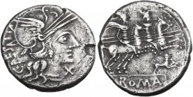 C. Antestius. AR Denarius, circa 146 BC. Obv. Helmeted head of Roma right; below chin, X. Rev. The Dioscuri galloping right; below horses, puppy right...