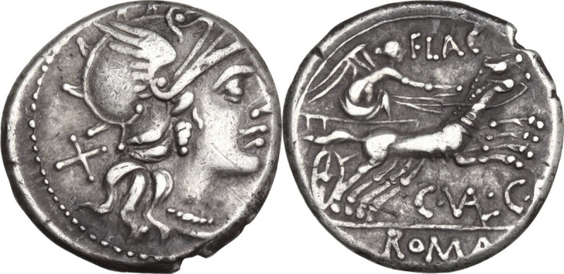 C. Valerius C.f. Flaccus. AR Denarius, 140 BC. Obv. Helmeted head of Roma right;...